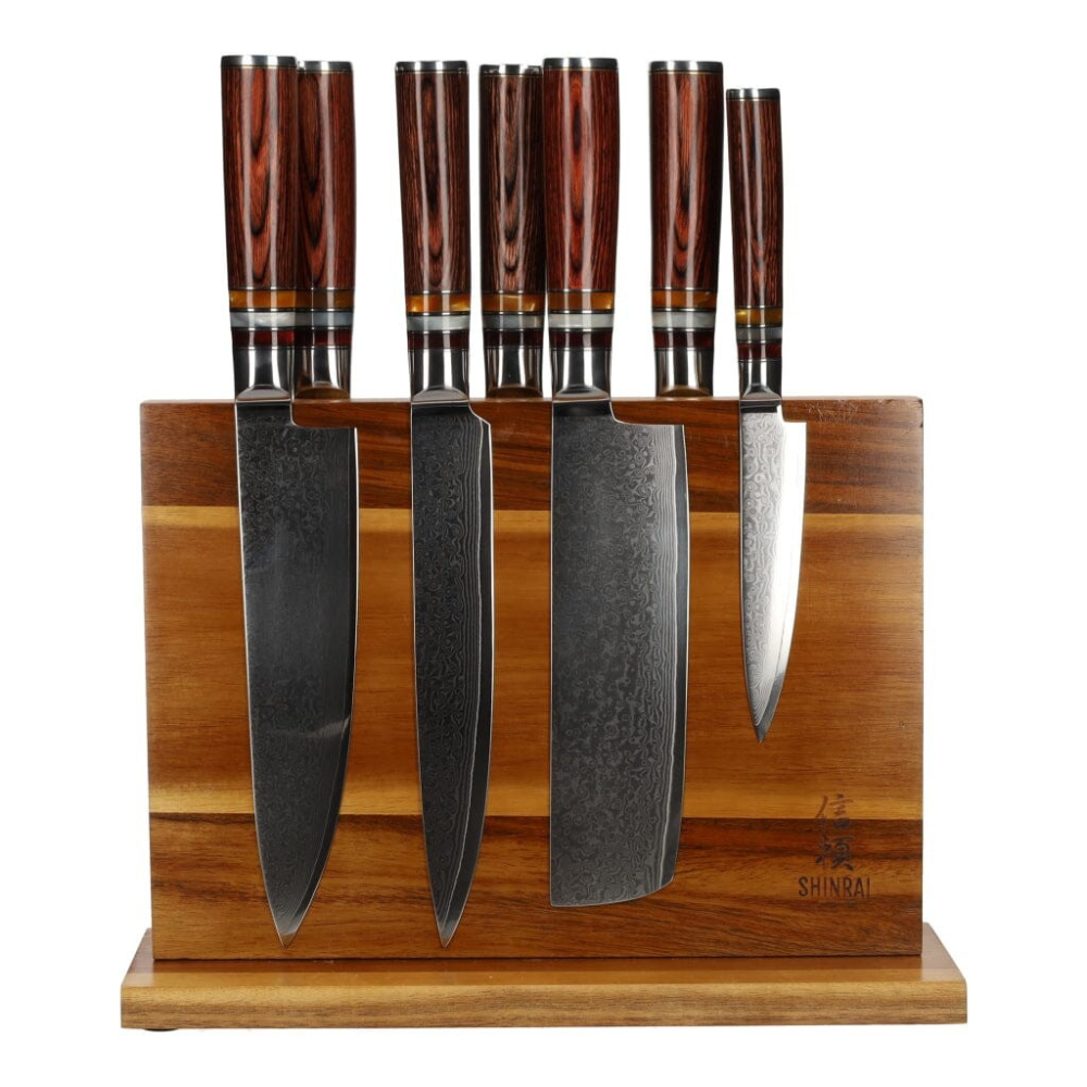 Micarta Jewels Ensemble de couteaux Damas 7 pièces + support en acacia double face