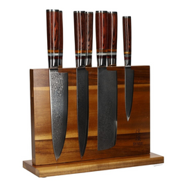 Micarta Jewels Ensemble de couteaux Damas 7 pièces + support en acacia double face