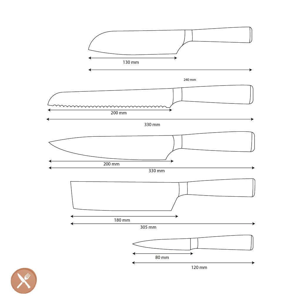 Shinrai Knives - Damascus Print 5-delige Messenset - Koksmes + Broodmes + Nakiri + Kleine Santoku + Schilmes Messenset Shinrai Knives 