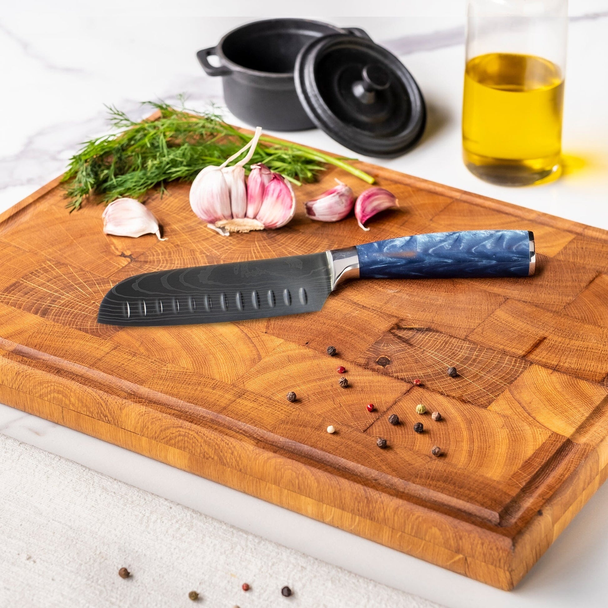 Shinrai Knives - Damascus Print Epoxy Sapphire 3-delige Messenset - Koksmes + Santoku + Schilmes Messenset Shinrai Knives 