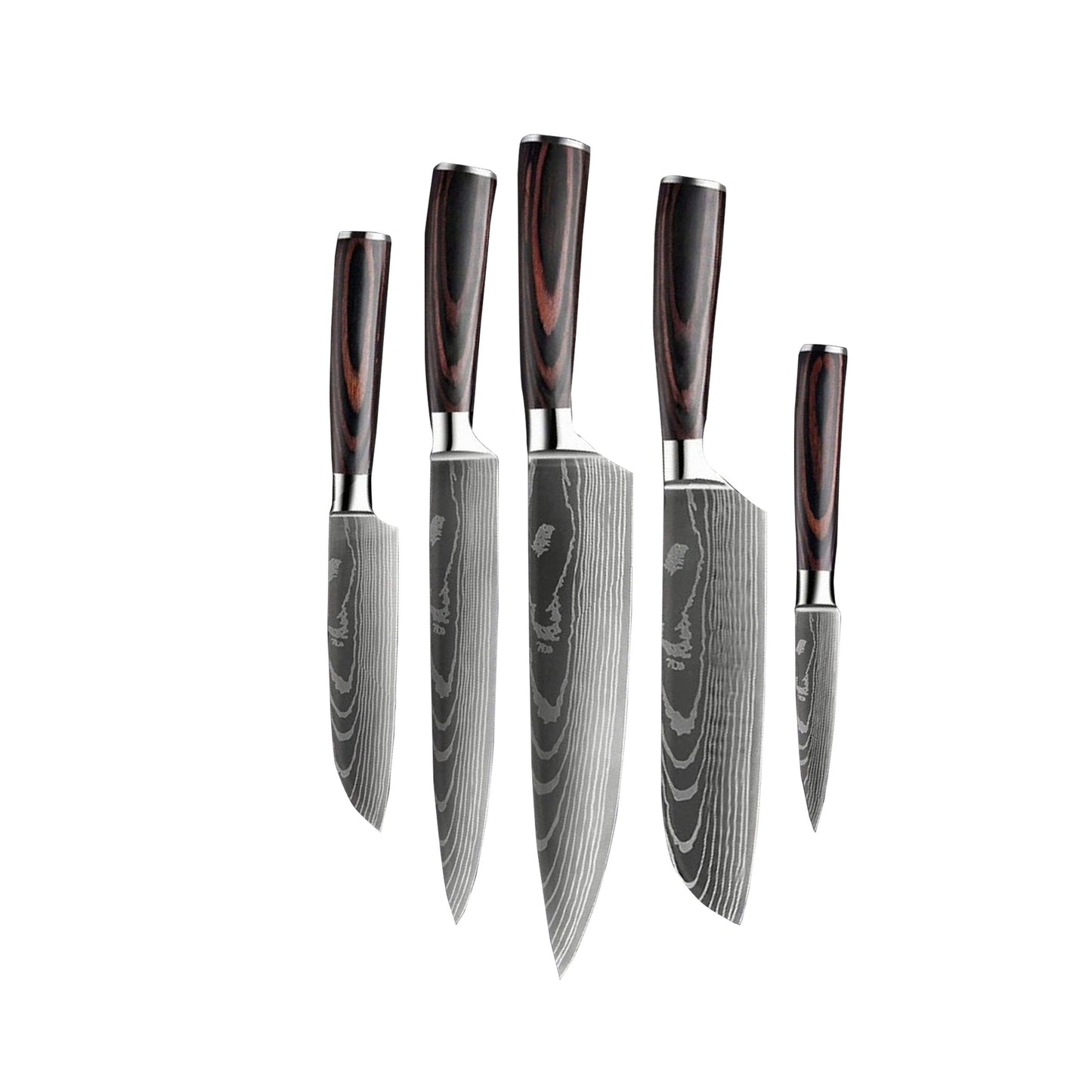 Damascus Print Series 5-delige messenset set 1 + Acacia Houder Style 1 Keukenmessen Shinrai Japan 