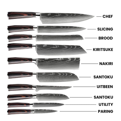 Kwaliteits Damascus Print Messenset Series - 10-delige set Messensets Shinrai Japan 